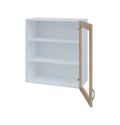 MH - 65S horní skříňka boxová, 1-dveřová, prosklená, pravá, 770x654x440, korpus bílý, dvířko dub bar